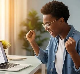 Student learning online with headphones